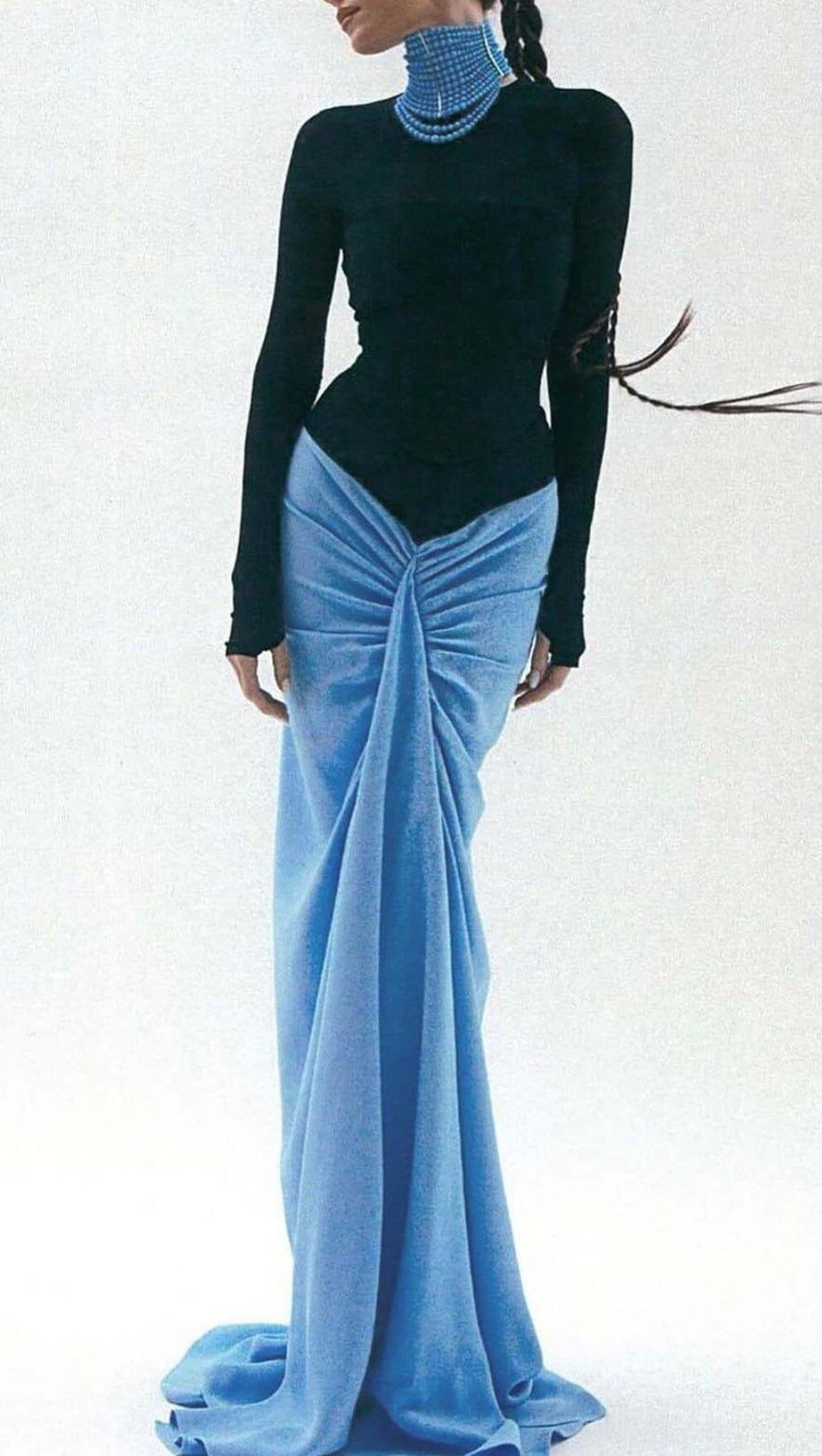 DROPPED WAIST RUCHED MAXI DRESS IN BLUE