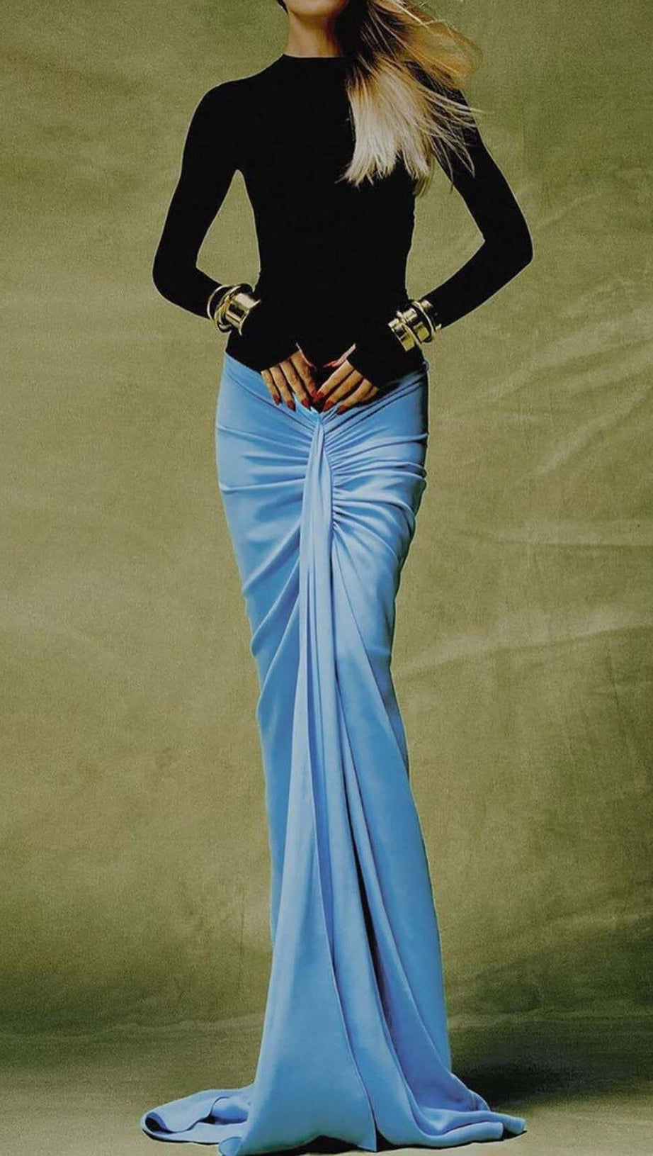 DROPPED WAIST RUCHED MAXI DRESS IN BLUE