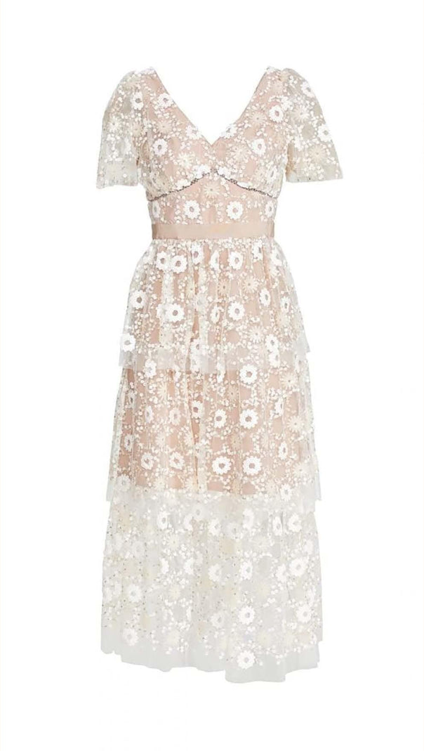 AIIZIE FLORAL EMBELLISHED PUFF SLEEVE MIDI DRESS IN WHITE - product image