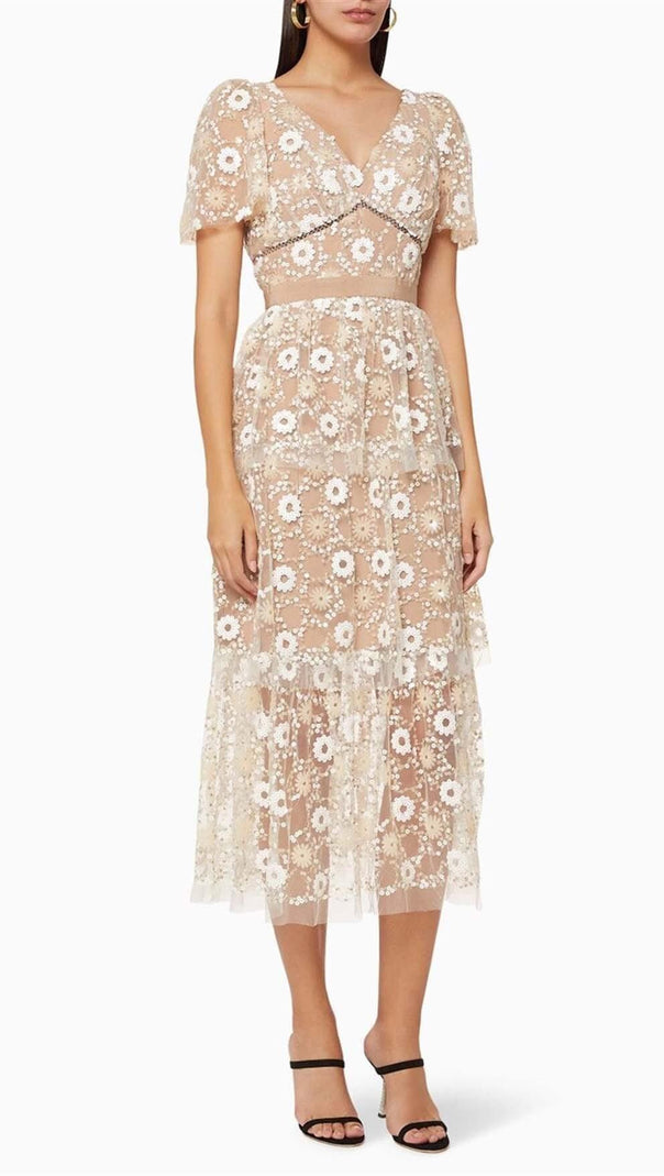 AIIZIE FLORAL EMBELLISHED PUFF SLEEVE MIDI DRESS IN WHITE - product image