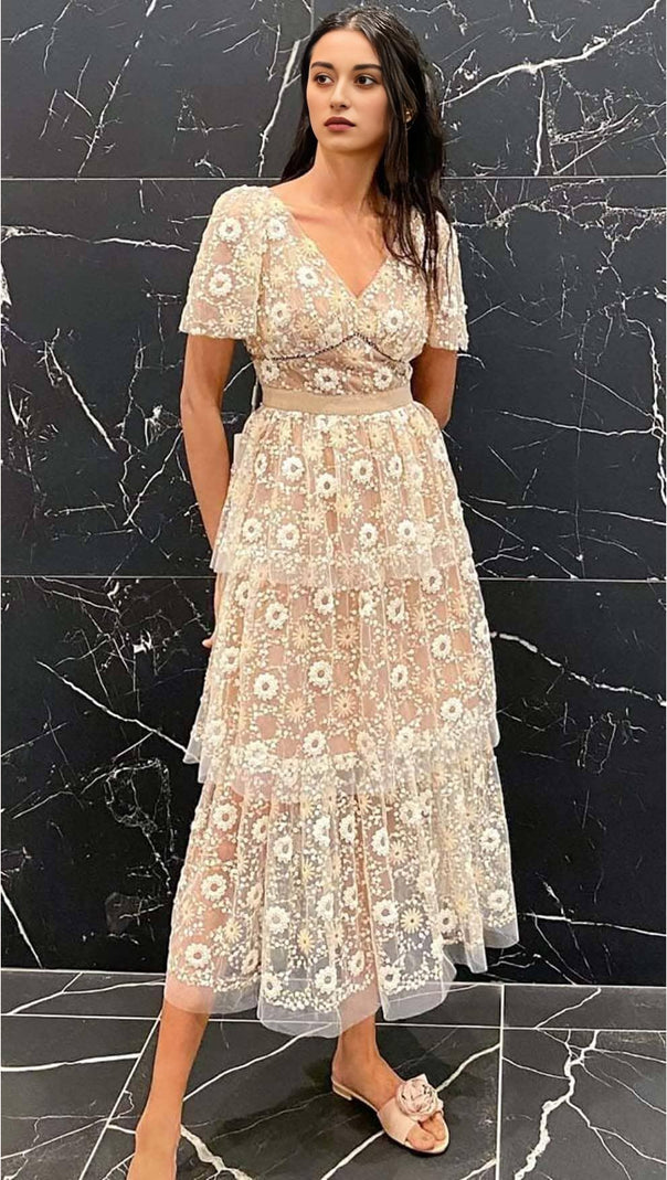 AIIZIE FLORAL EMBELLISHED PUFF SLEEVE MIDI DRESS IN WHITE - product image