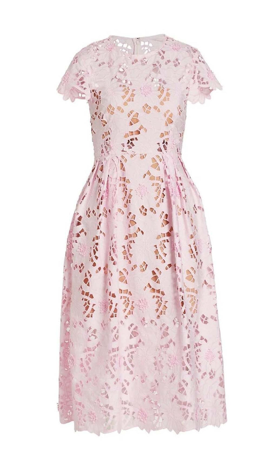 MIDIKLEID MIT BLUMENSPITZENSTICKEREI IN PINK