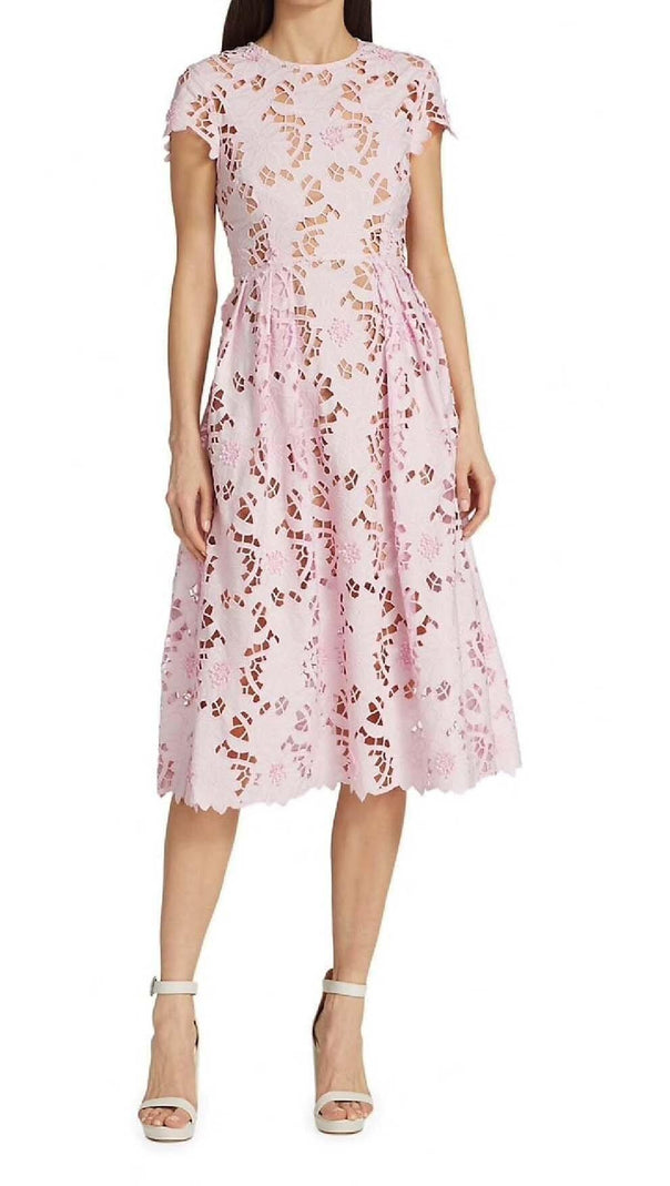 AIIZIE FLORAL LACE EMBROIDERED MIDI DRESS IN PINK - product image