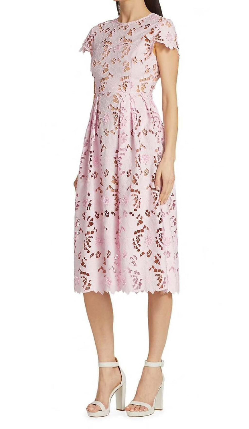 FLORAL LACE EMBROIDERED MIDI DRESS IN PINK