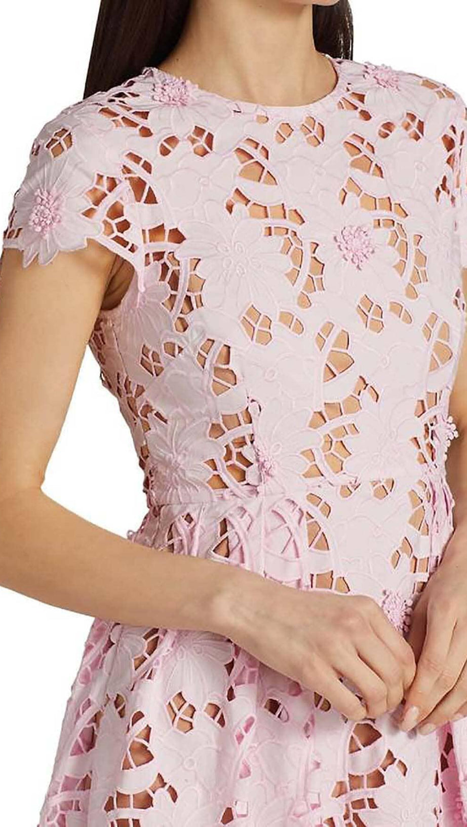 FLORAL LACE EMBROIDERED MIDI DRESS IN PINK