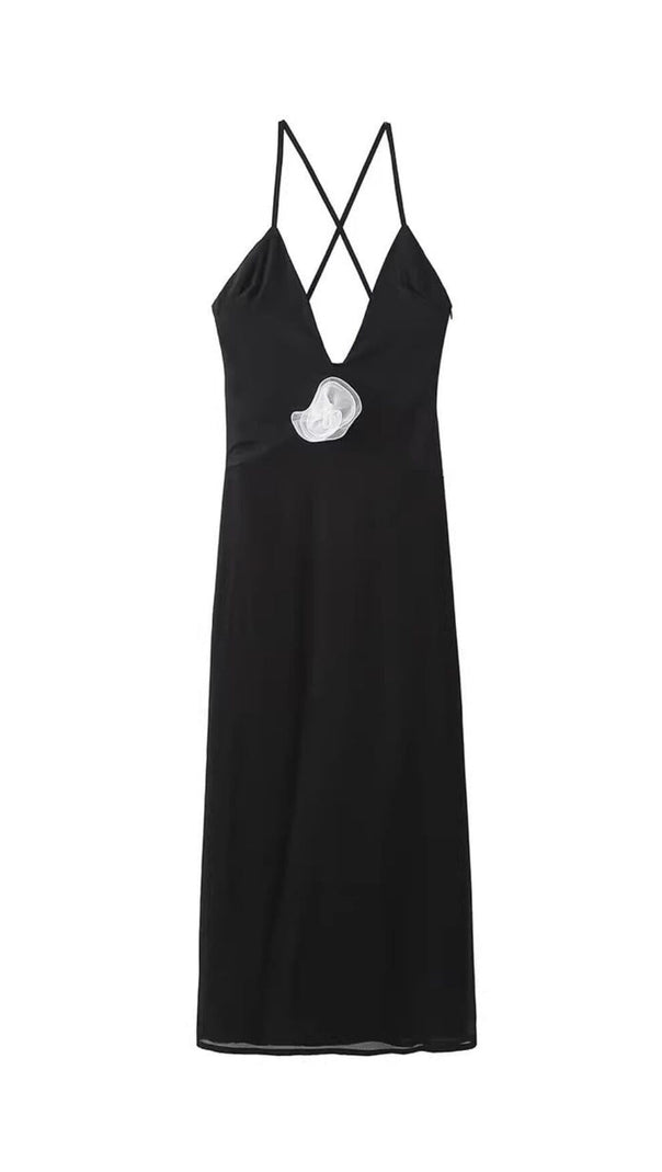 AIIZIE FLOWER V NECK MIDI DRESS IN BLACK - product image