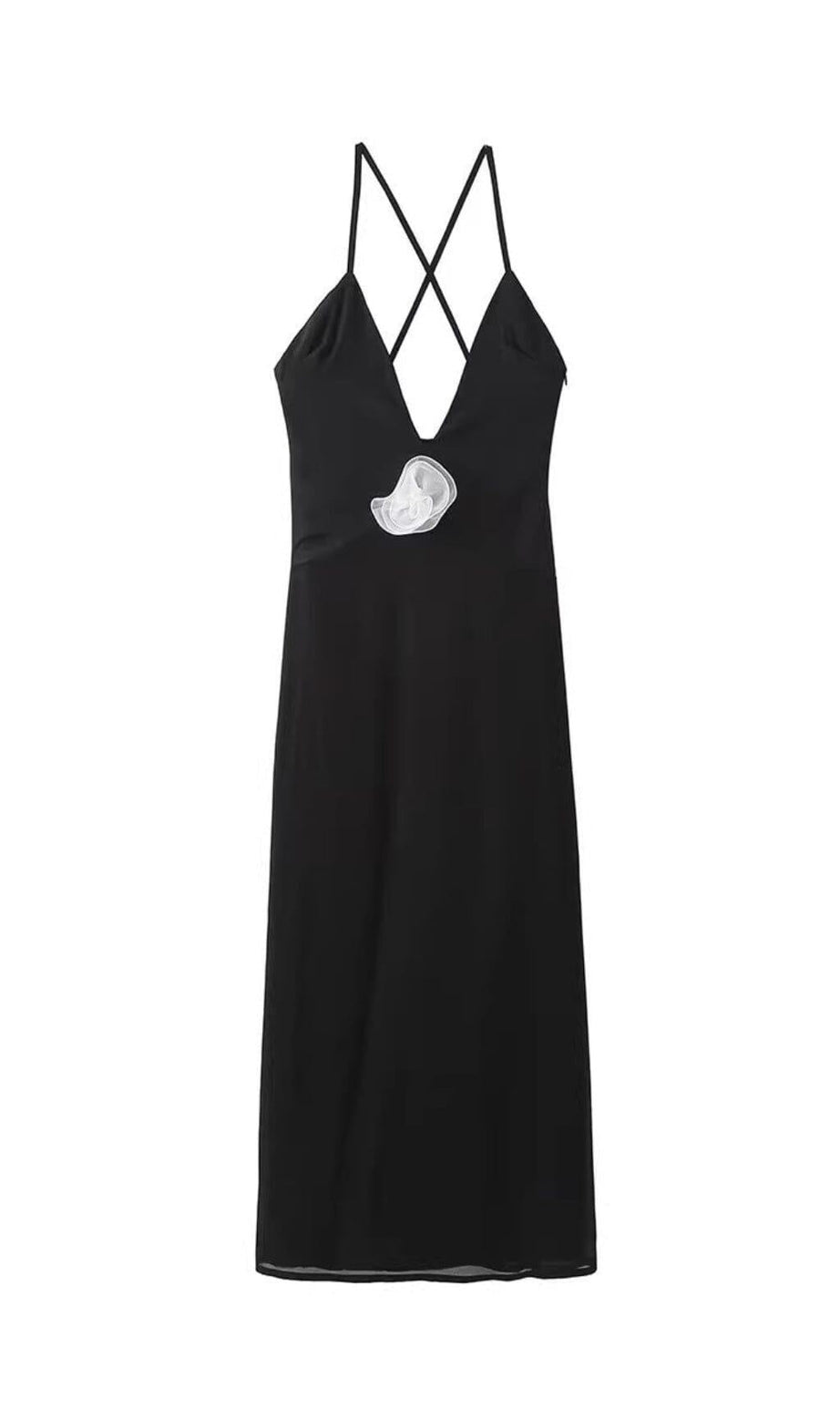 ABITO MIDI CON SCOLLO A V E FIORI IN NERO