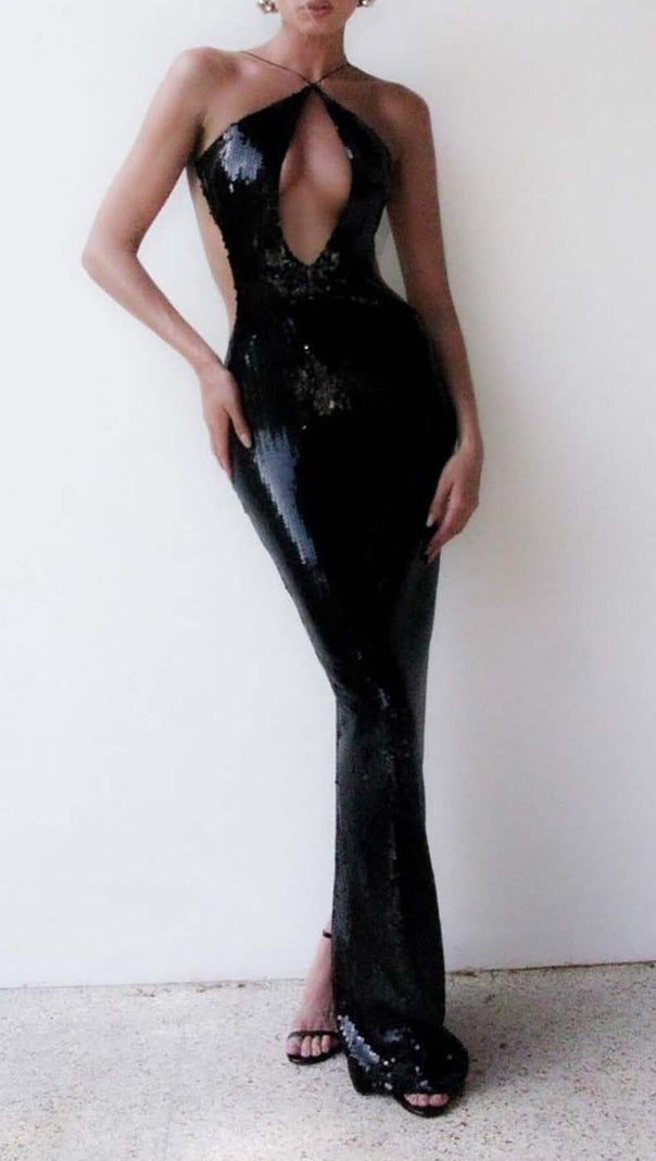 AIIZIE FRONT CUTOUT BACKLESS MAXI DRESS IN BLACK - product image