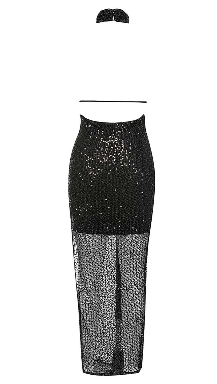 HALTER SLEEVELESS SEQUIN MAXI DRESS IN BLACK