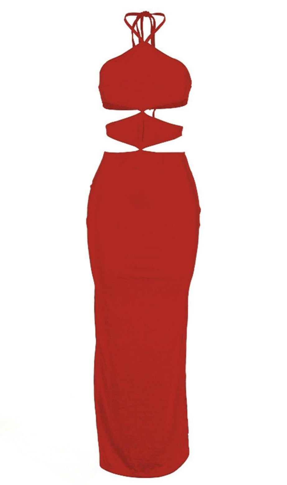 ABITO LUNGO CON SCOLLO A LACCI ROSSO