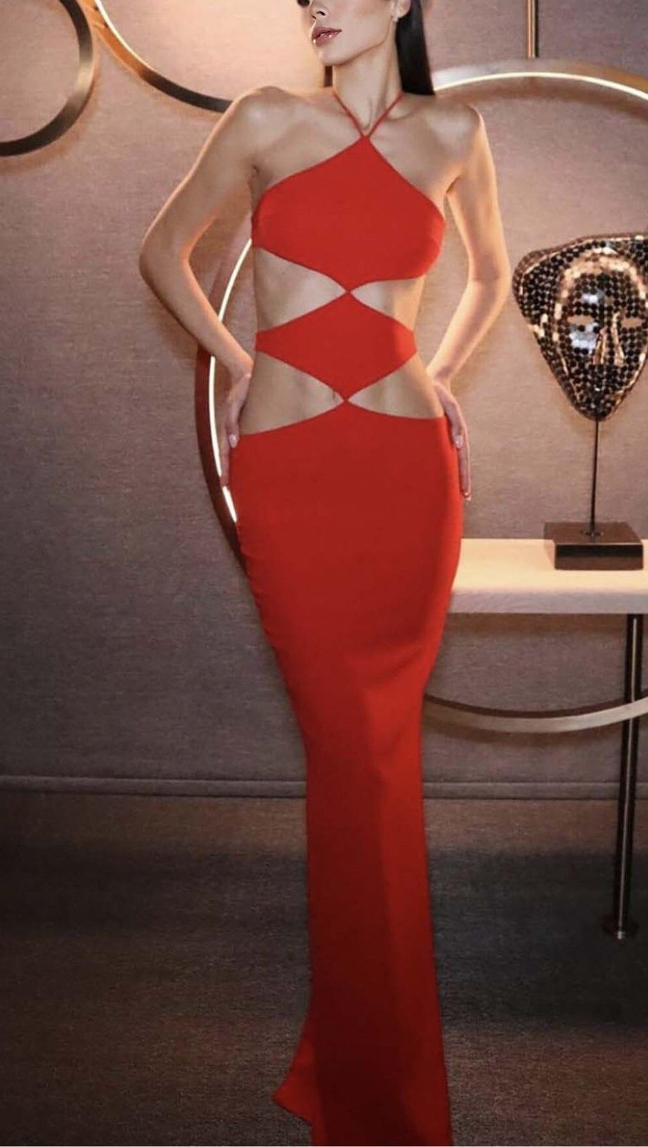 HALTERNECK CUTOUT MAXI DRESS IN RED