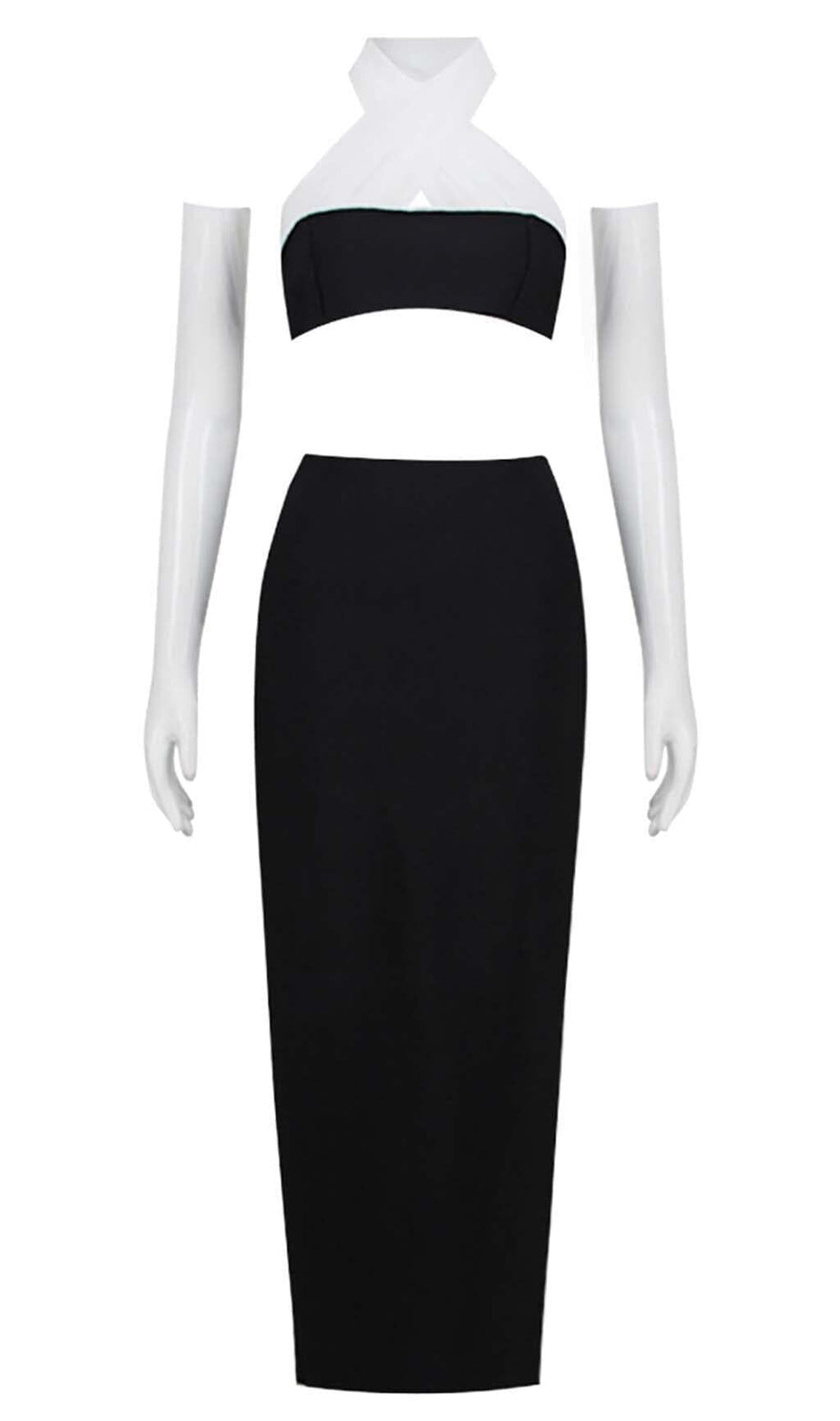 LEATHER BANDEAU CROSSOVER TULLE TWO PIECE IN BLACK