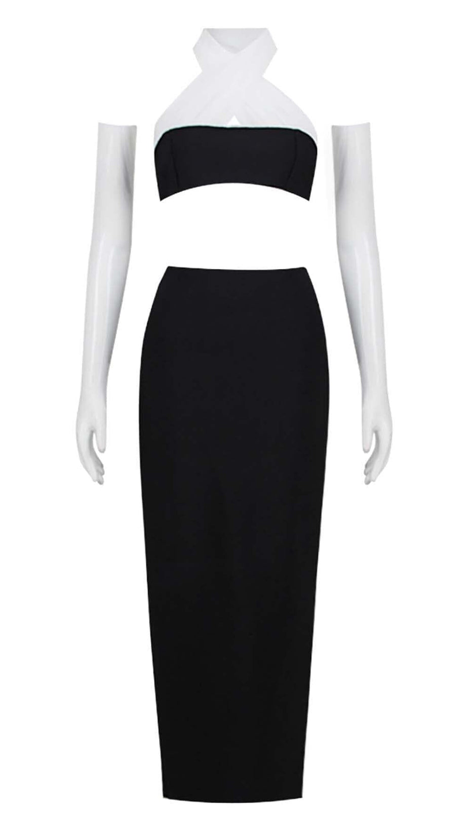 LEATHER BANDEAU CROSSOVER TULLE TWO PIECE IN BLACK