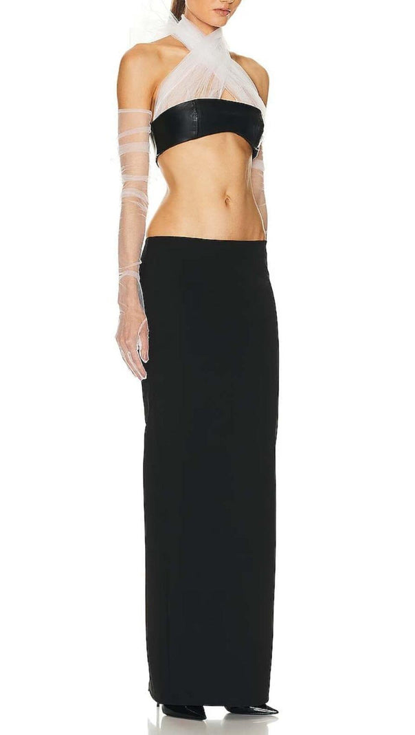 AIIZIE LEATHER BANDEAU CROSSOVER TULLE TWO PIECE IN BLACK - product image