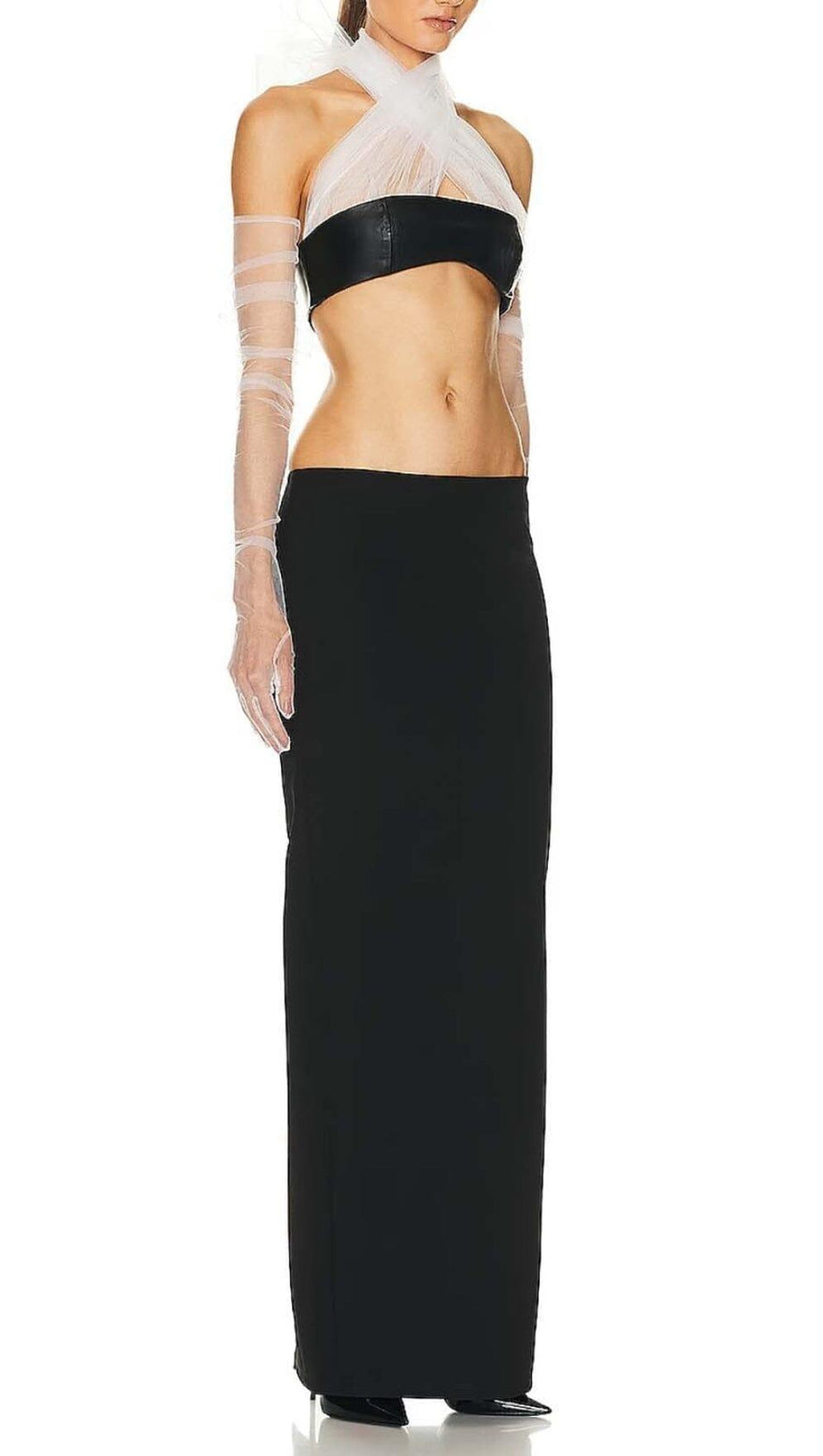 Leder-Bandeau-Crossover-Tüll-Zweiteiler in Schwarz