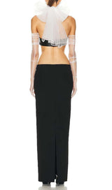 LEATHER BANDEAU CROSSOVER TULLE TWO PIECE IN BLACK