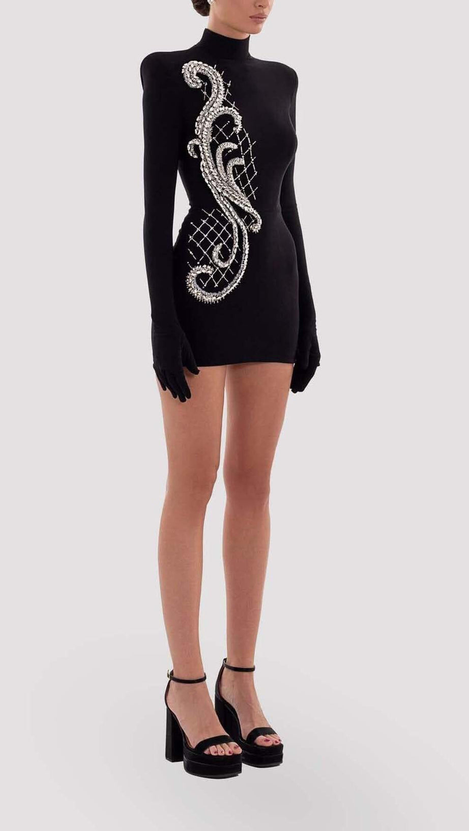 LONG SLEEVE EMBROIDERED MINI DRESS IN BLACK