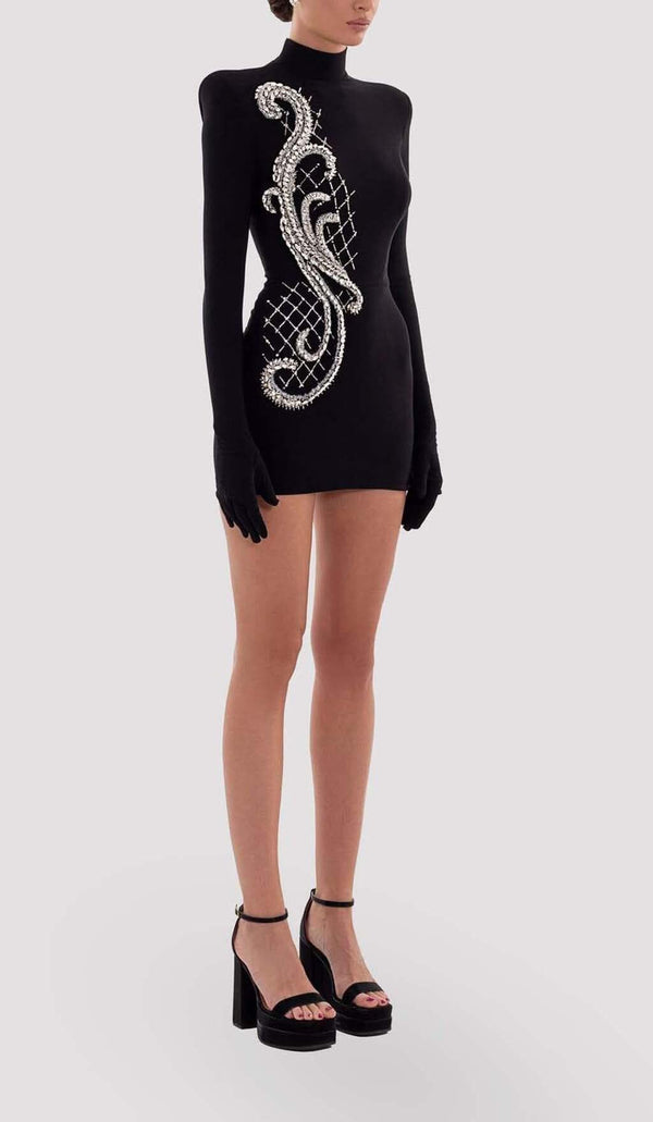 LONG SLEEVE EMBROIDERED MINI DRESS IN BLACK