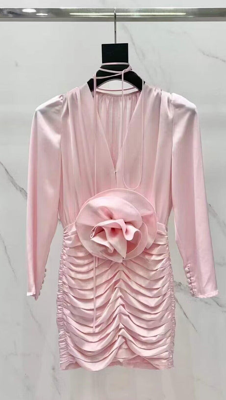 LONG SLEEVE FLOWER MINI DRESS IN PINK