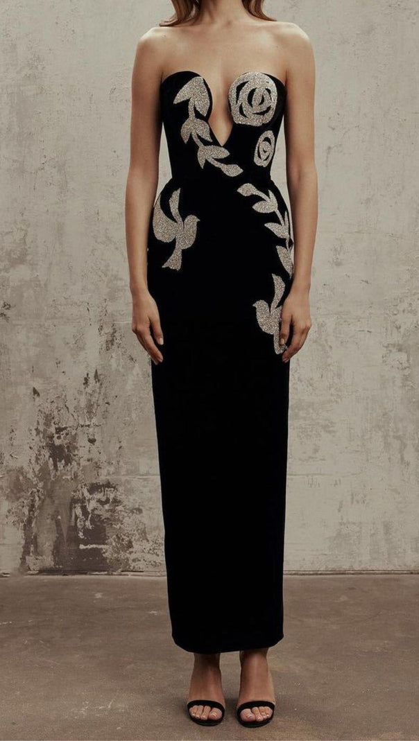 AIIZIE SEQUIN CUT OUT CORSET MIDI DRESS IN BLACK - product image