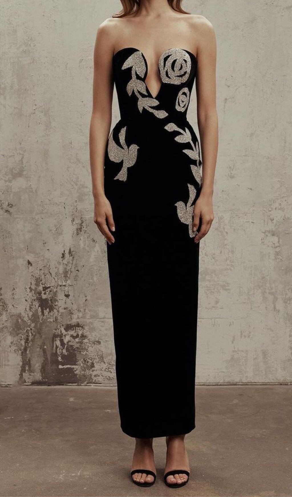 ABITO MIDI CON CORSETTO E PAILLETTES IN NERO