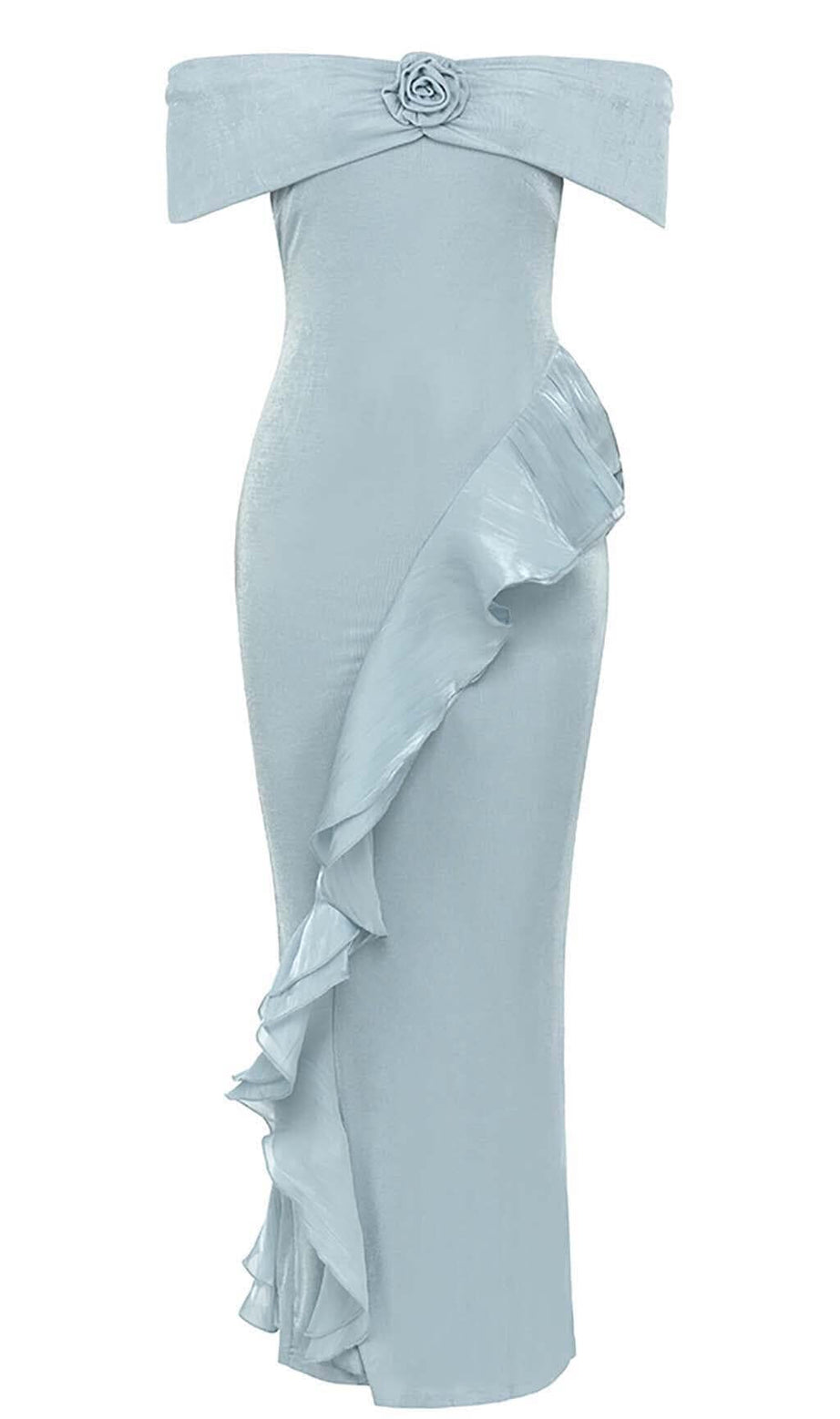 OFF SHOULDER RUFFLED MAXI DRESS IN TINGED BLUE