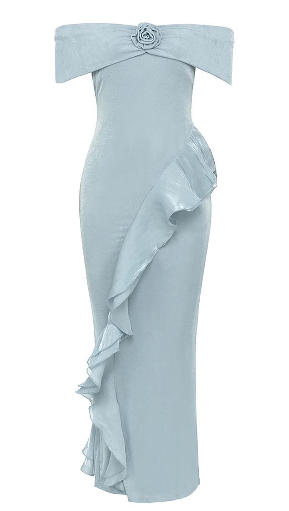 OFF SHOULDER RUFFLED MAXI DRESS IN TINGED BLUE