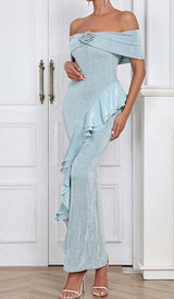 OFF SHOULDER RUFFLED MAXI DRESS IN TINGED BLUE