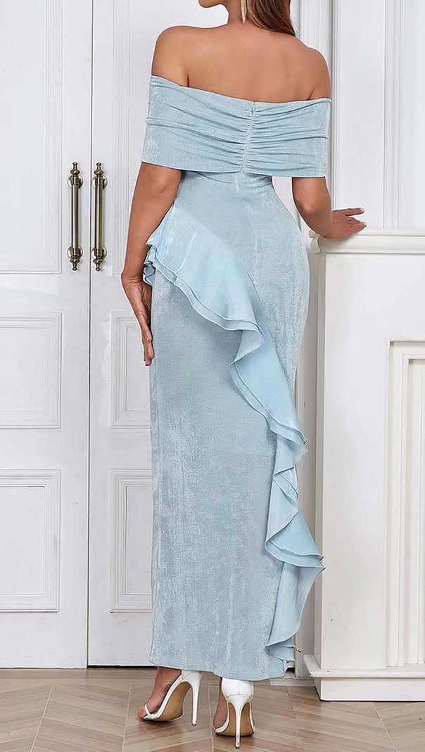 AIIZIE OFF SHOULDER RUFFLED MAXI DRESS IN TINGED BLUE - product image