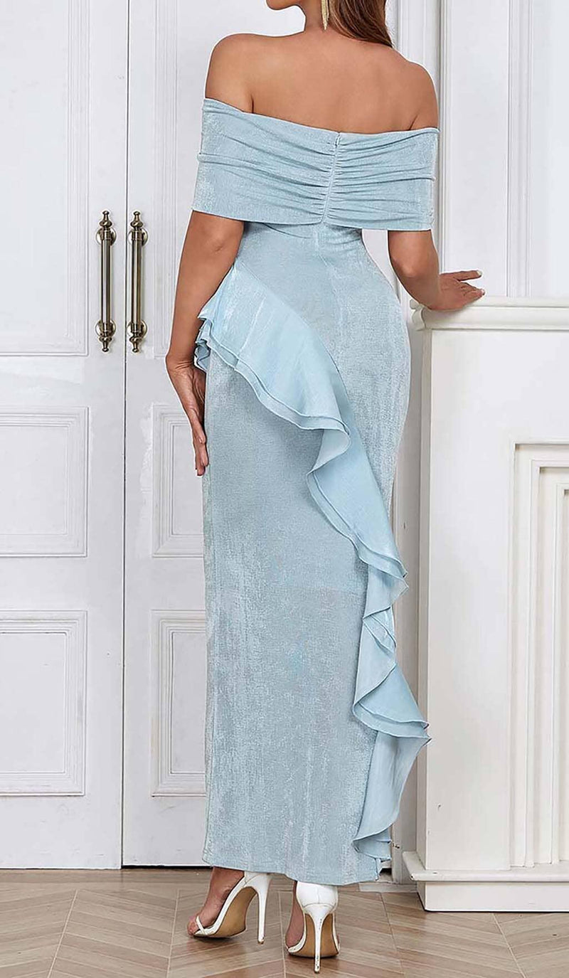 OFF SHOULDER RUFFLED MAXI DRESS IN TINGED BLUE