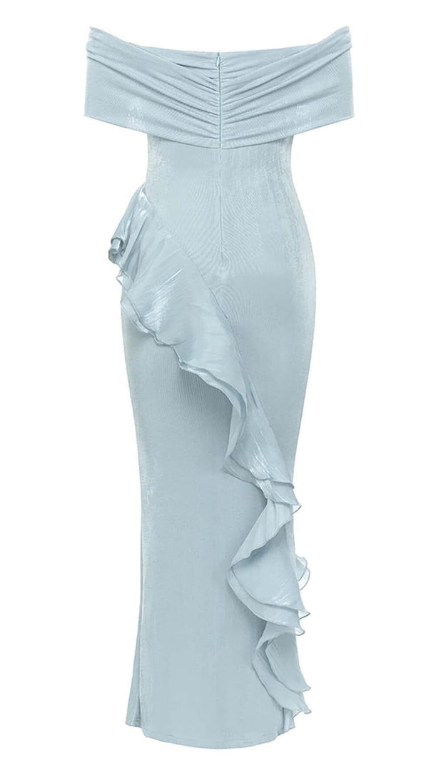 AIIZIE OFF SHOULDER RUFFLED MAXI DRESS IN TINGED BLUE - product image