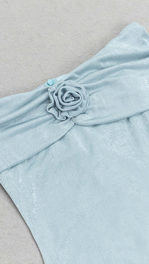 AIIZIE OFF SHOULDER RUFFLED MAXI DRESS IN TINGED BLUE - product image