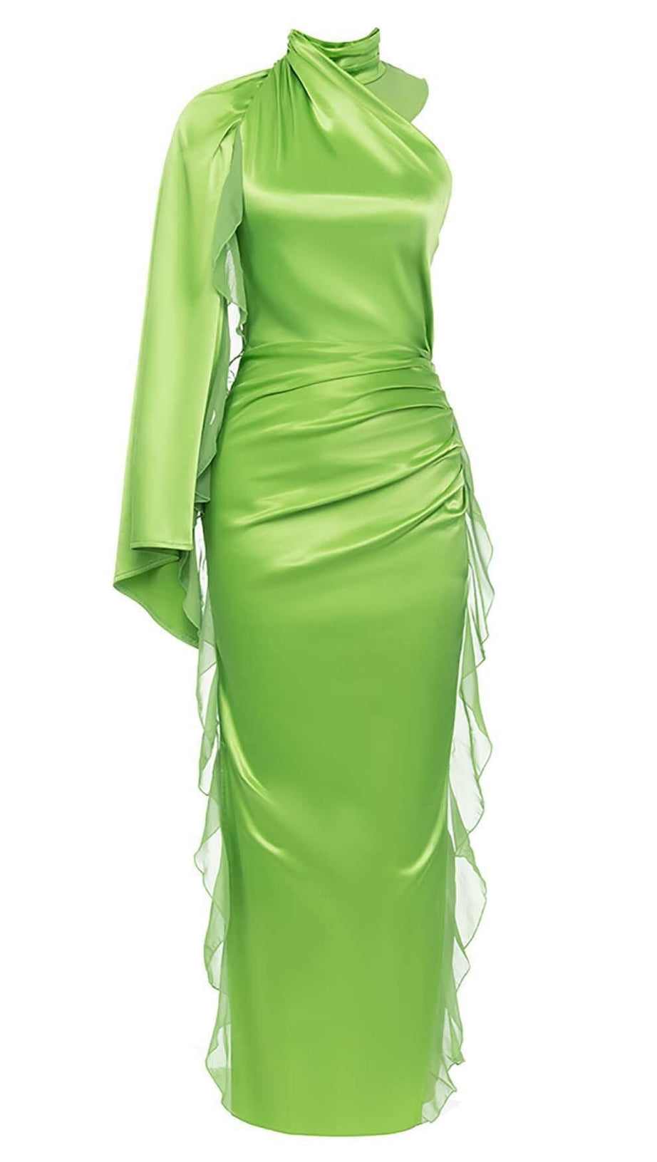 ONE-SHOULDER SATIN RUFFLE MAXI DRESS IN NEON GREEN
