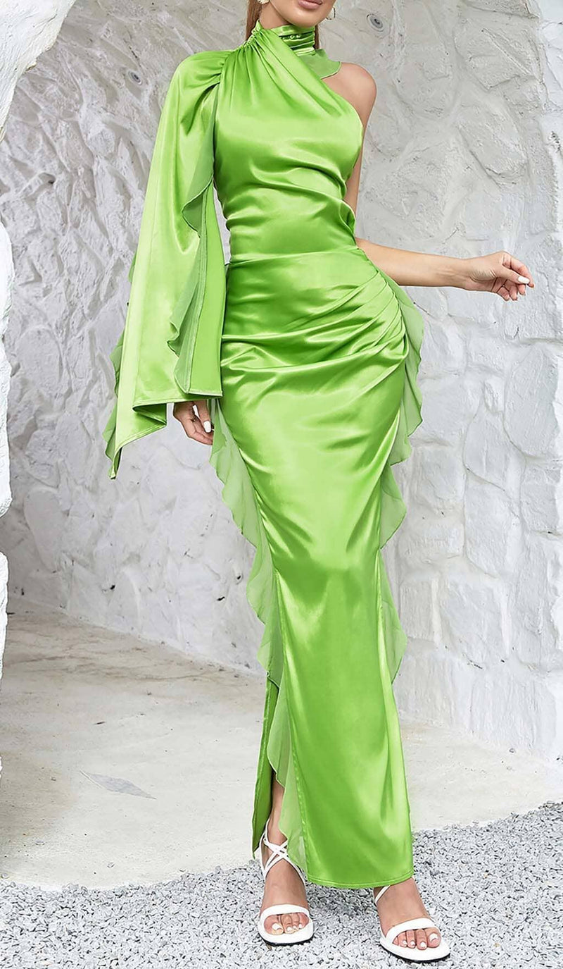 ONE-SHOULDER SATIN RUFFLE MAXI DRESS IN NEON GREEN