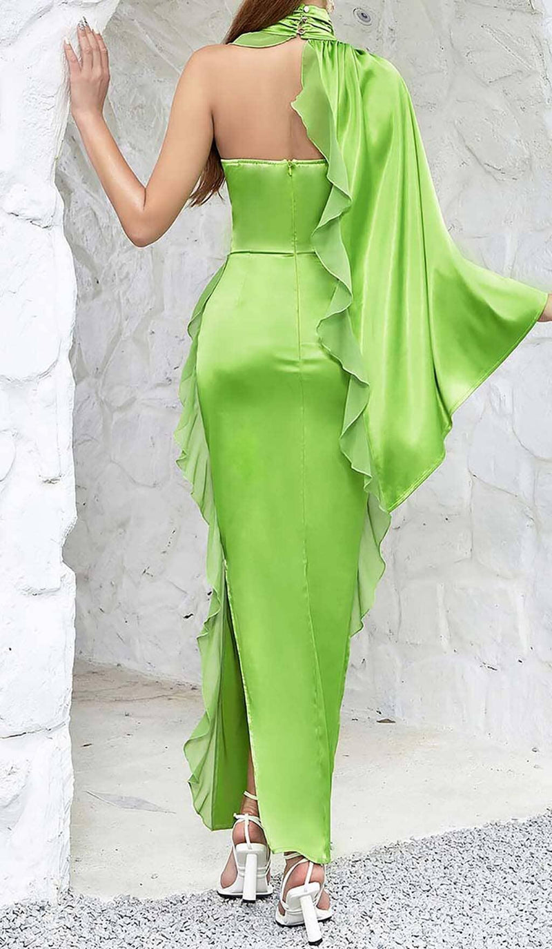 ONE-SHOULDER SATIN RUFFLE MAXI DRESS IN NEON GREEN