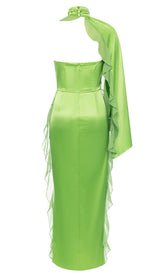 ONE-SHOULDER SATIN RUFFLE MAXI DRESS IN NEON GREEN