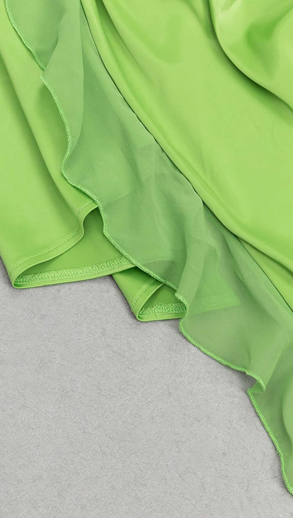 AIIZIE ONE-SHOULDER SATIN RUFFLE MAXI DRESS IN NEON GREEN - product image
