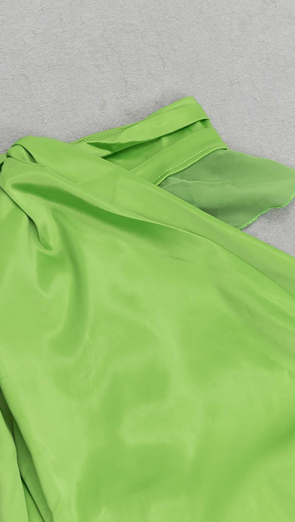 AIIZIE ONE-SHOULDER SATIN RUFFLE MAXI DRESS IN NEON GREEN - product image