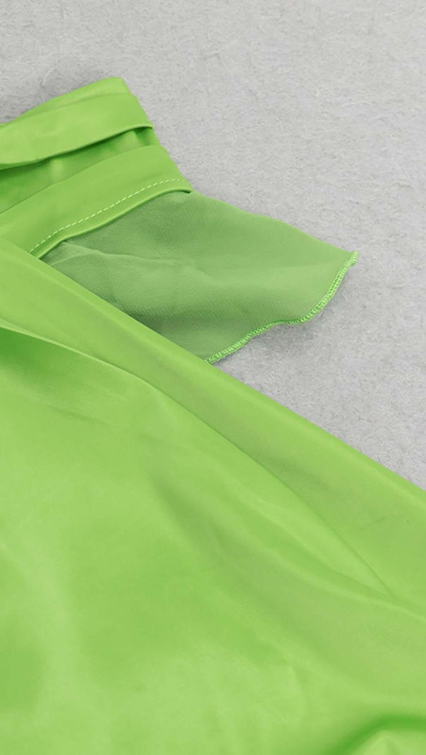AIIZIE ONE-SHOULDER SATIN RUFFLE MAXI DRESS IN NEON GREEN - product image
