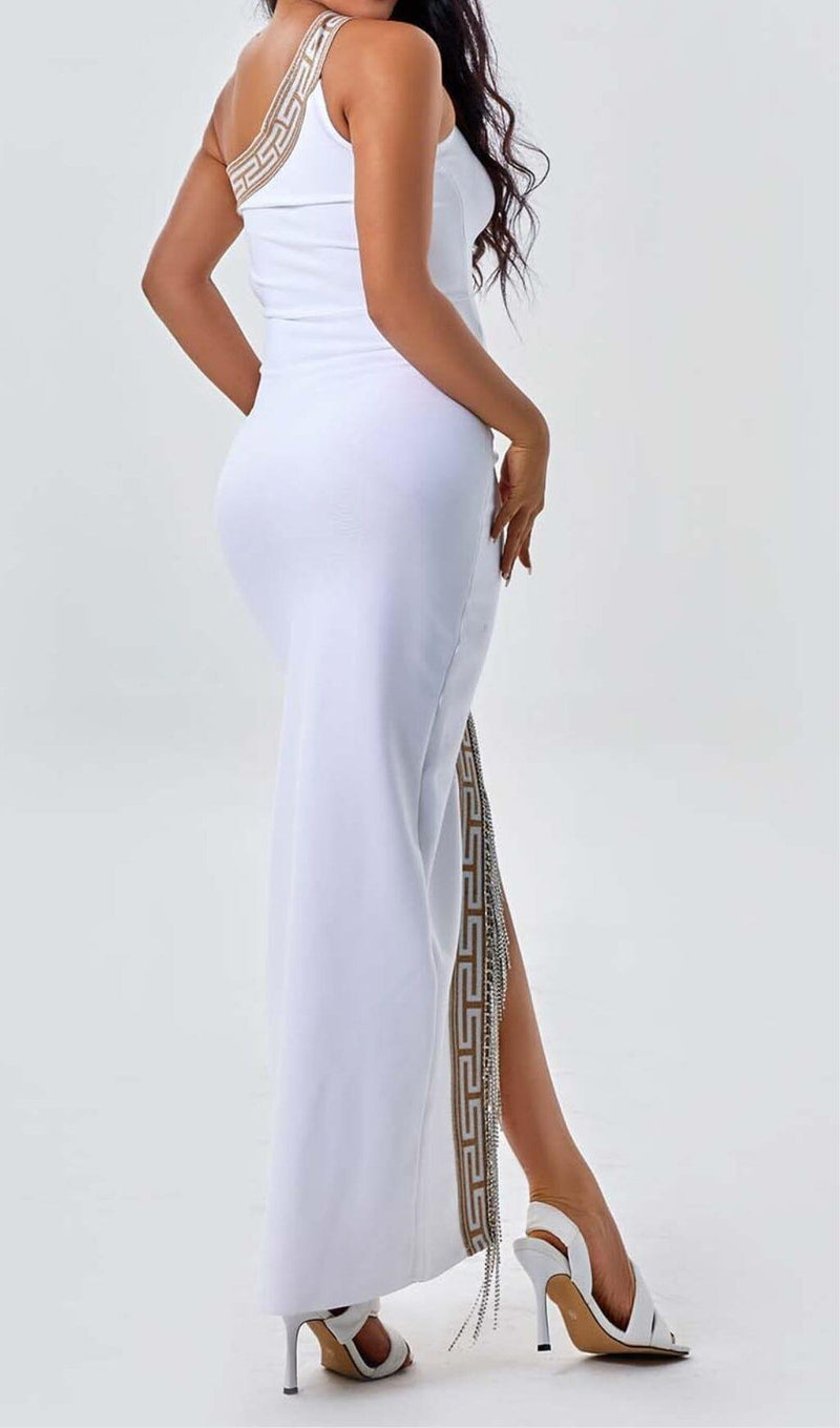 ONE-SHOULDER SPLIT MIDI DRESS IN WHITE