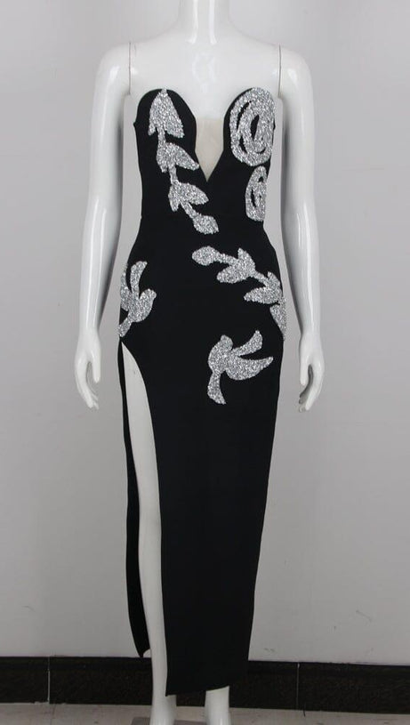 SEQUIN CUT OUT CORSET MIDI DRESS IN BLACK