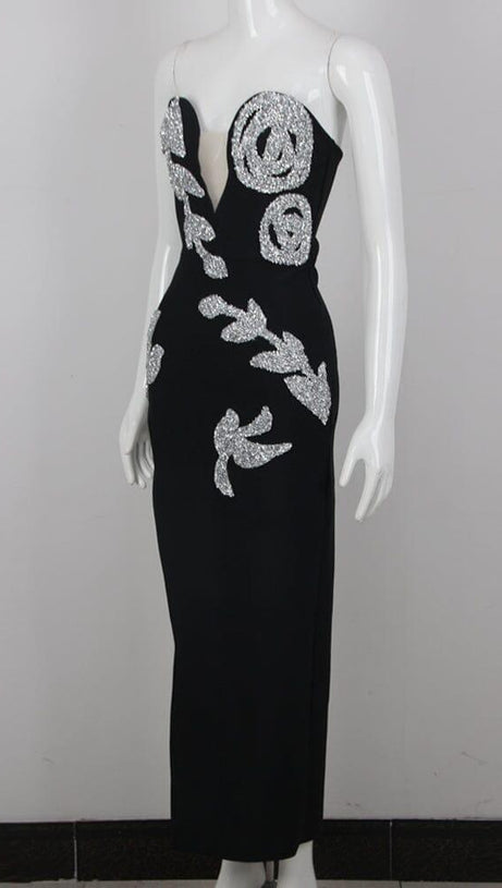 SEQUIN CUT OUT CORSET MIDI DRESS IN BLACK