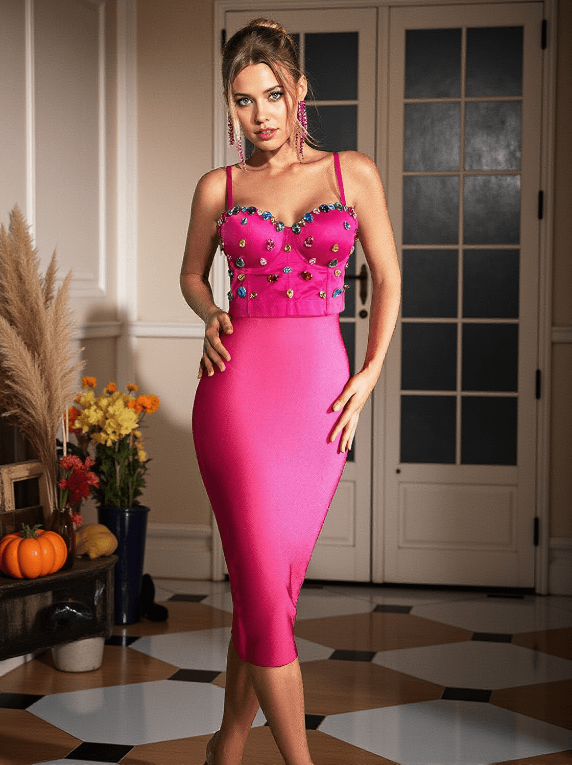 MARIAM BANDAGE PENCIL SKIRT IN HOT PINK
