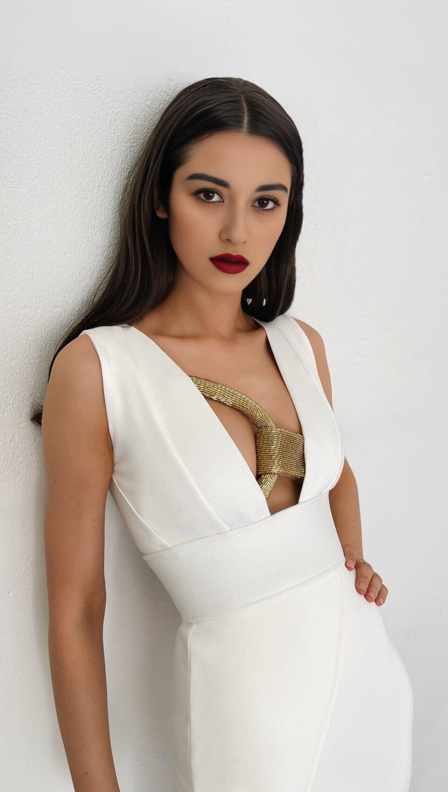 PLUNGE V-NECK MIDI DRESS IN WHITE