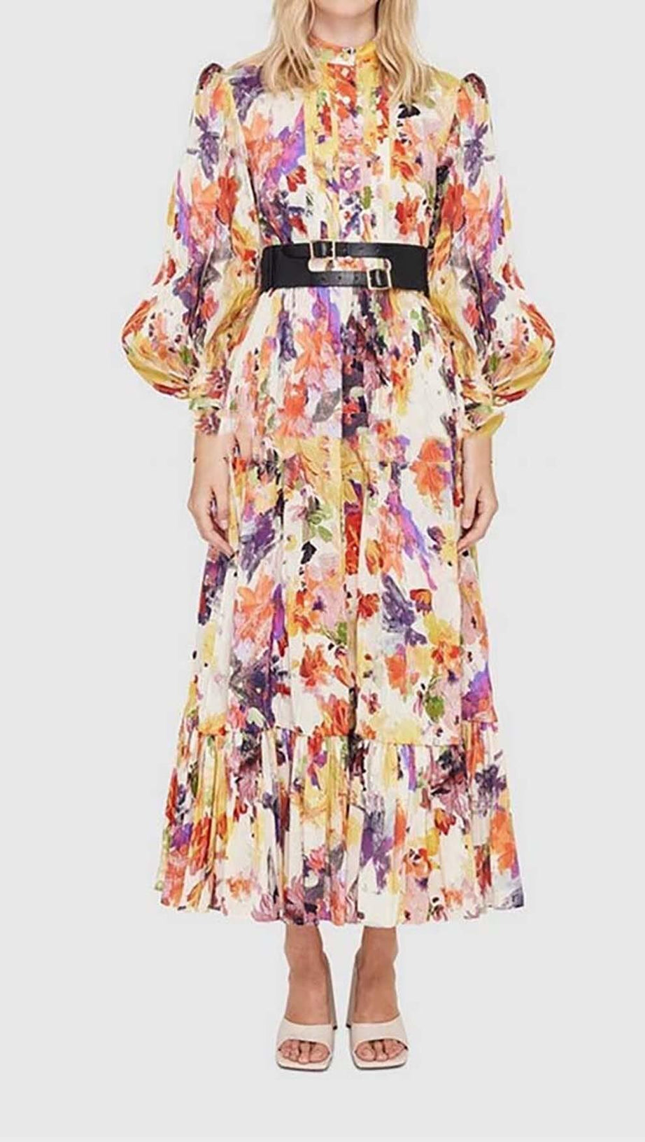POISE PRINT SILK MIDI DRESS IN MULTI-COLOR