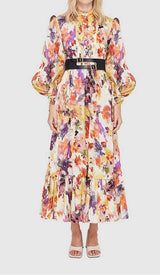 POISE PRINT SILK MIDI DRESS IN MULTI-COLOR