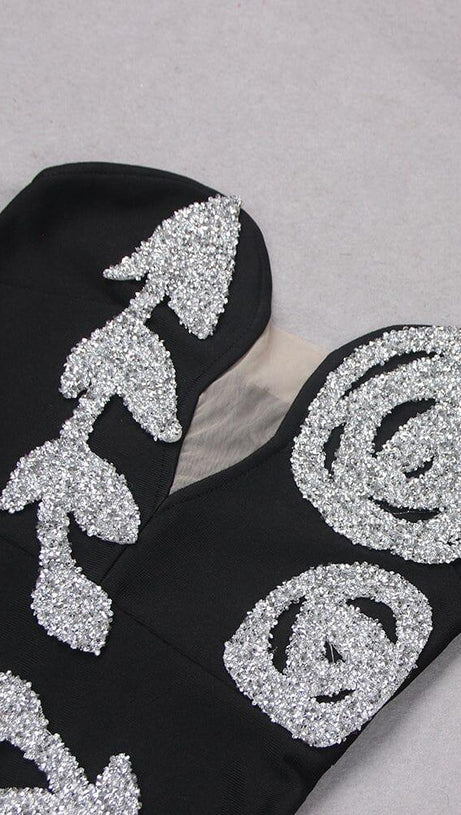 SEQUIN CUT OUT CORSET MIDI DRESS IN BLACK