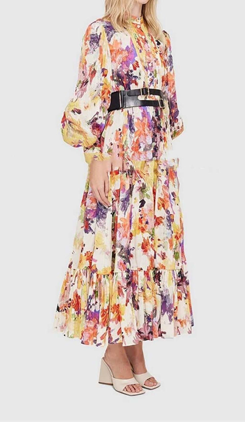 POISE PRINT SILK MIDI DRESS IN MULTI-COLOR