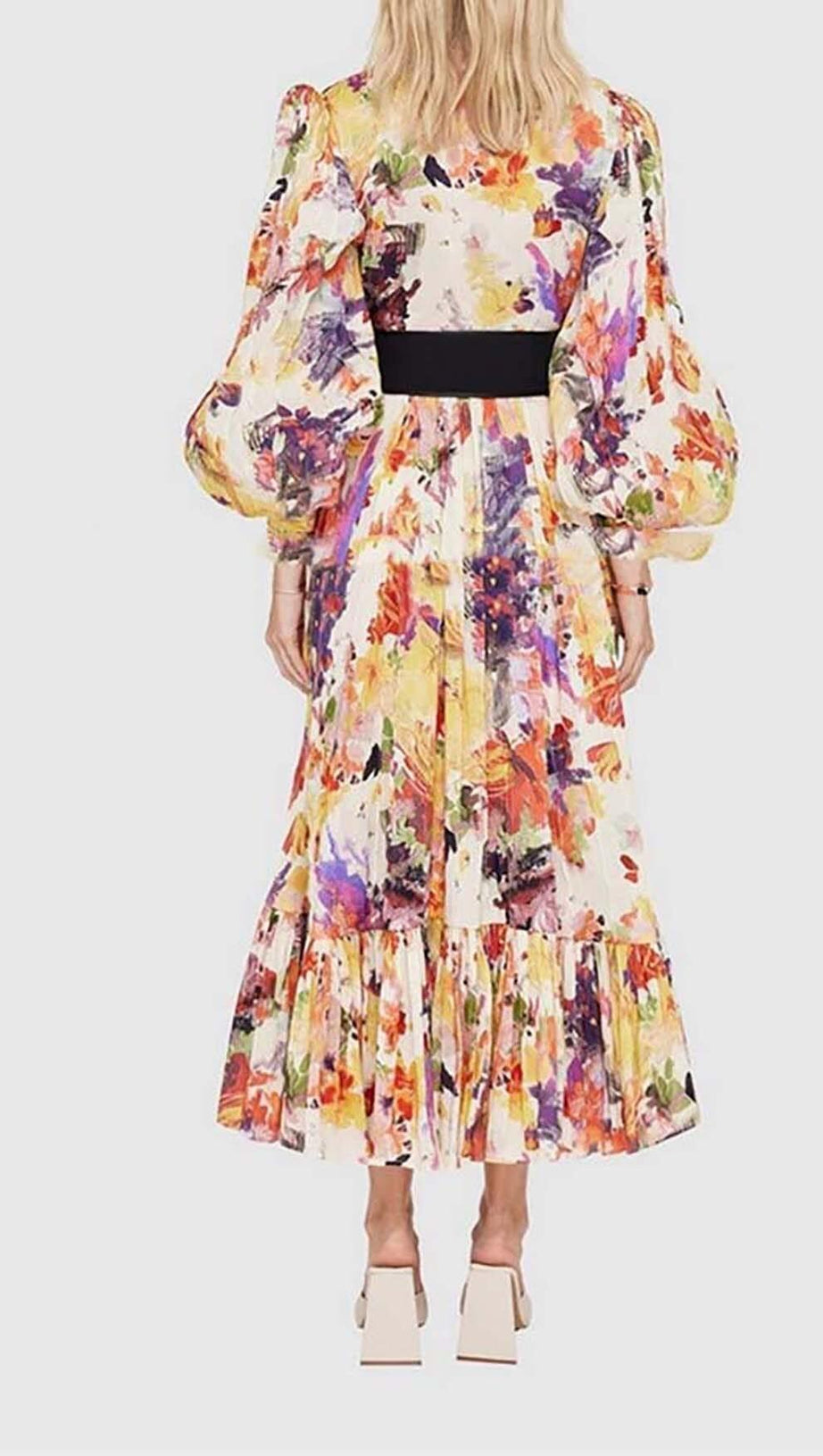 POISE PRINT SILK MIDI DRESS IN MULTI-COLOR