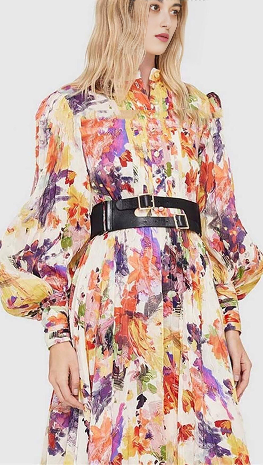 POISE PRINT SILK MIDI DRESS IN MULTI-COLOR